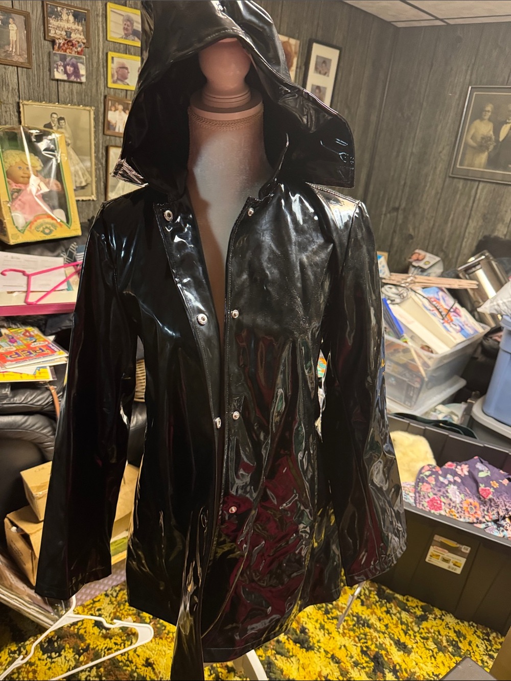 Black Hooded Patent Trench Coat for Women